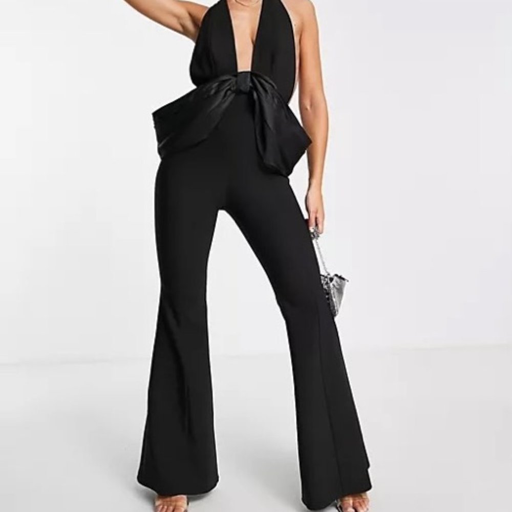ASOS LUXE halterneck backless bow detail jumpsuit in black